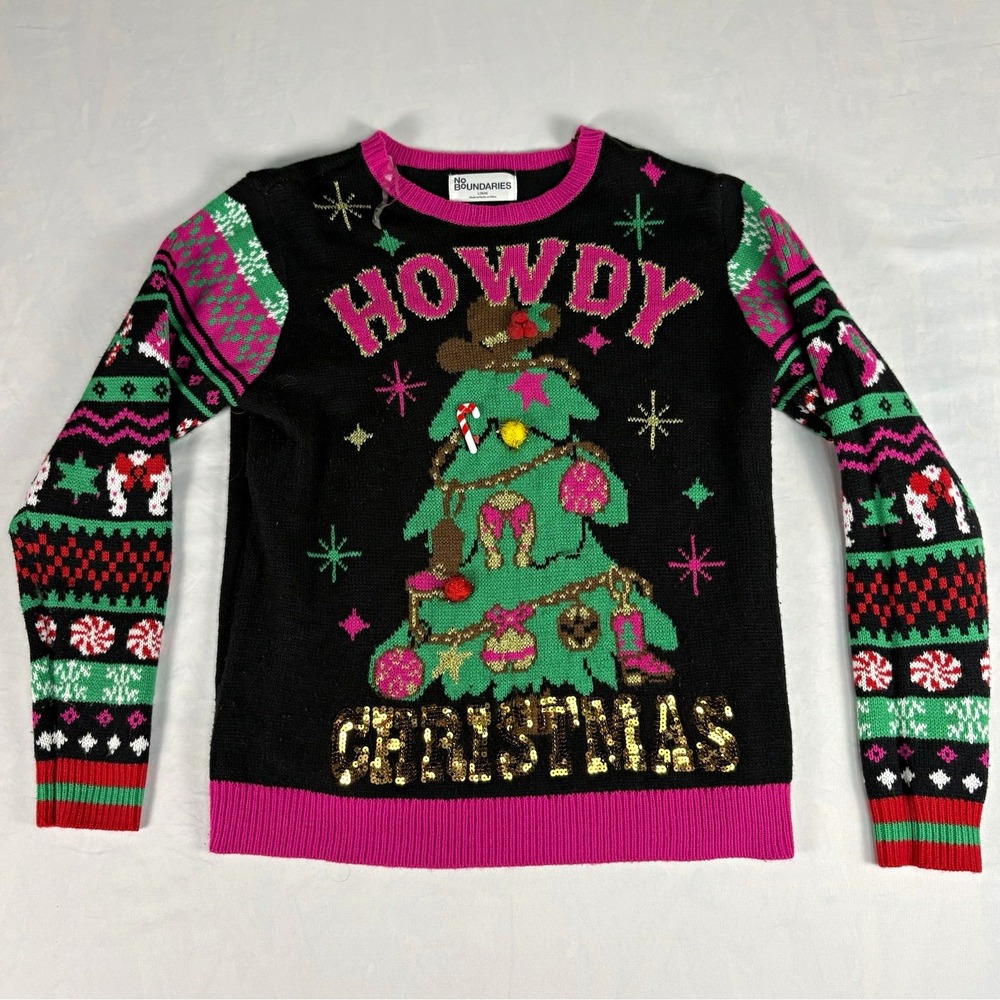 Howdy Christmas Ugly Sweater Juniors L 12-14 Cowgirl Western Sequin Pom Pom Tree